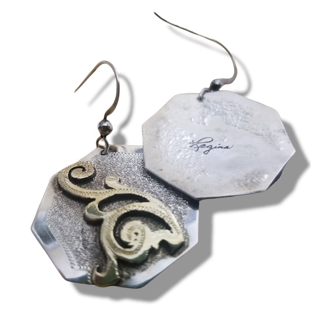 ⭐️ Signed, Handmade, Regina Silver Octagon With Brass Swirl Earrings